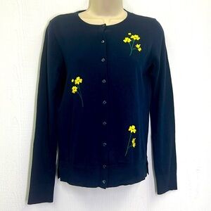 Loft - NWT Navy Embroidered Yellow Flowers Button Down Lightweight Cardigan XS
